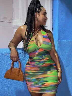 Tropical Island Girl Ruched Halter Mini Dress | Abstract Print Bodycon